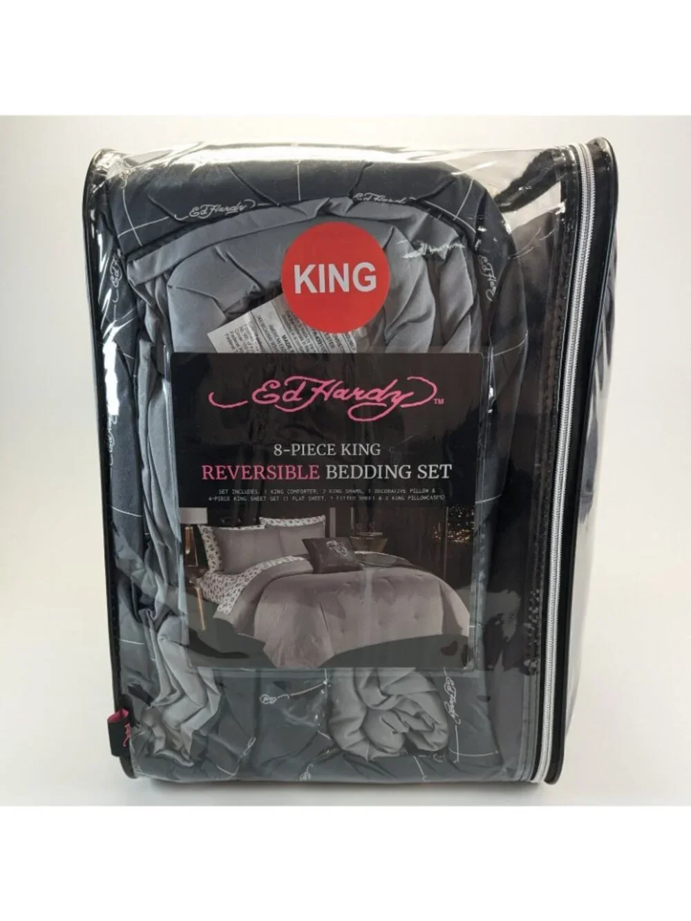 Ed Hardy King Comforter Set w Shams Pillow Sheets - Gray White Cards Dice Skull